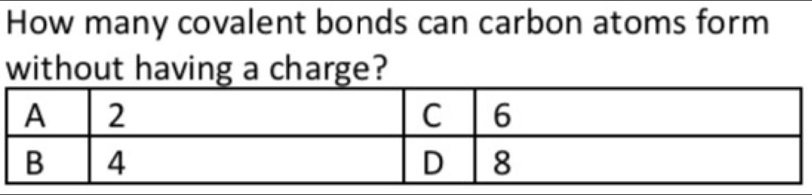 How many covalent bonds can carbon atoms form 
without having a charge?