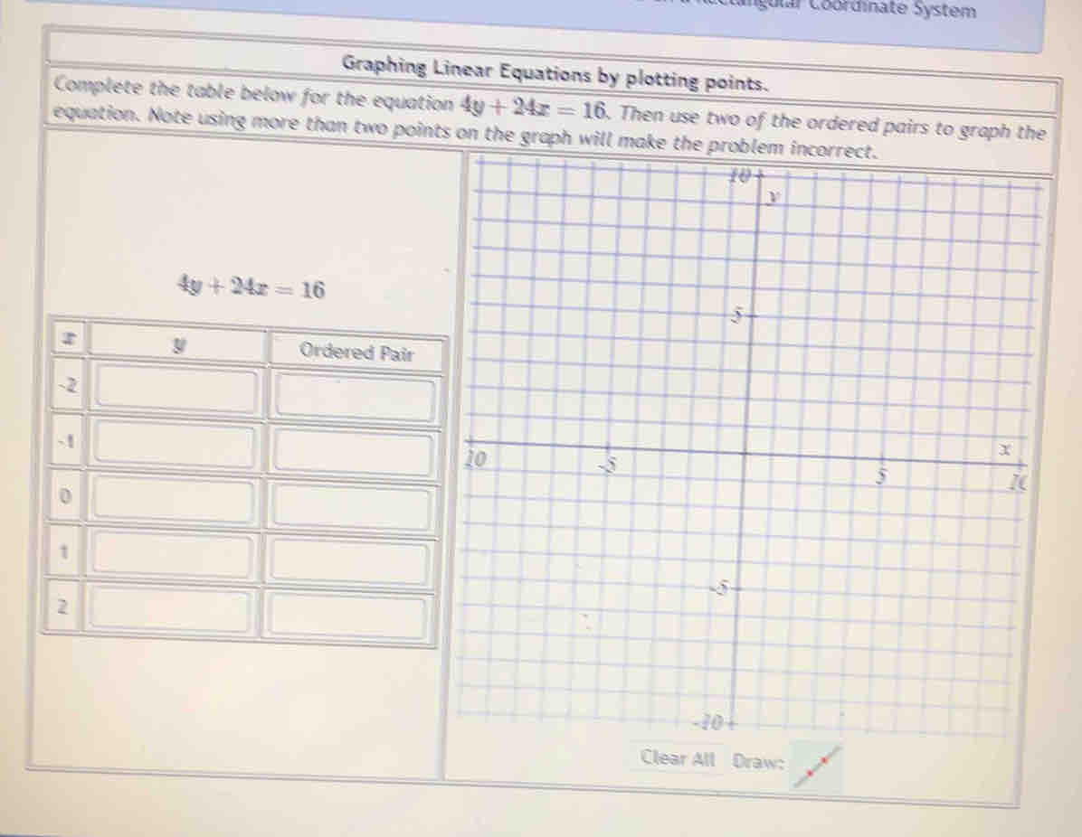 ingular Coordinate System
Graphing Linear Equations by plotting points.
Complete the table below for the equation 4y+24x=16. Then use two of the ordered pairs to graph the
equation. Note using more than two points on the graph will mak
4y+24x=16