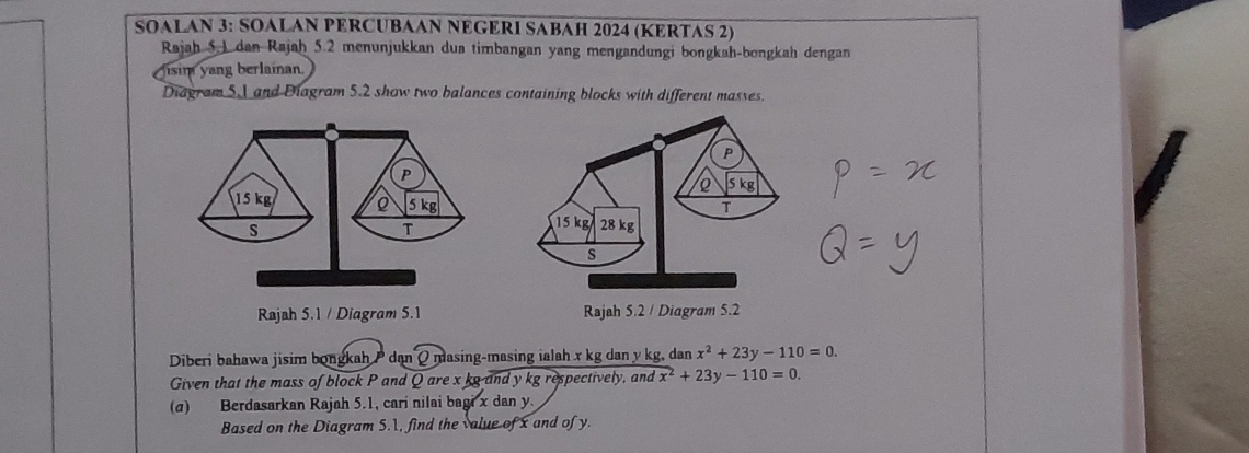 SOALAN 3: SOALAN PERCUBAAN NEGERI SABAH 2024 (KERTAS 2)
Rajah 5.1 dan Rajah 5.2 menunjukkan dua timbangan yang mengandungi bongkah-bongkah dengan
isim yang berlainan.
Diagram 5.1 and Diagram 5.2 show two balances containing blocks with different masses.
P
15 kg Q 5 kg
s
T
Rajah 5.1 / Diagram 5.1 Rajah 5.2 / Diagram 5.2
Diberi bahawa jisim bongkah P dan Q masing-masing ialah x kg dan y kg, dan x^2+23y-110=0. 
Given that the mass of block P and Q are x kg and y kg respectively, and x^2+23y-110=0. 
(σ) Berdasarkan Rajah 5.1, cari nilai bagi x dan y.
Based on the Diagram 5.1, find the value of x and of y.