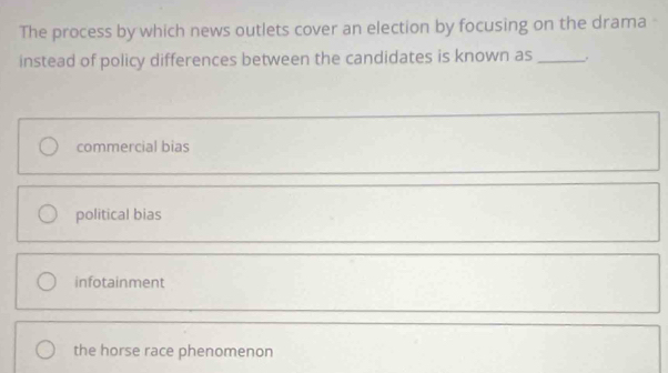 The process by which news outlets cover an election by focusing on the drama
instead of policy differences between the candidates is known as_
commercial bias
political bias
infotainment
the horse race phenomenon