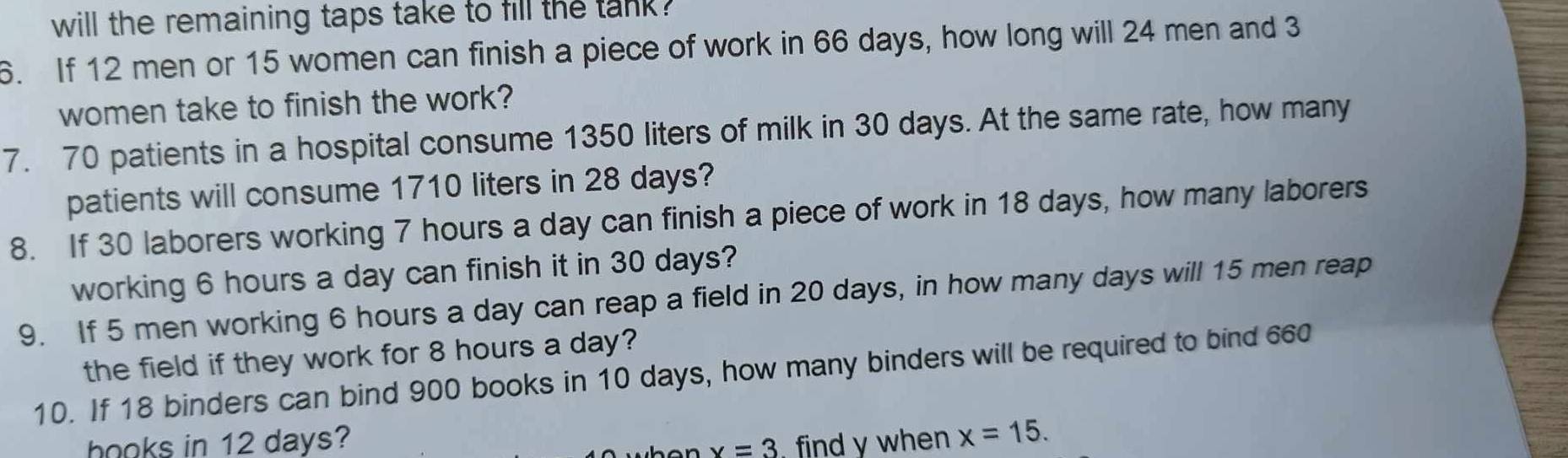 will the remaining taps take to fill the tank . 
6. If 12 men or 15 women can finish a piece of work in 66 days, how long will 24 men and 3
women take to finish the work? 
7. 70 patients in a hospital consume 1350 liters of milk in 30 days. At the same rate, how many 
patients will consume 1710 liters in 28 days? 
8. If 30 laborers working 7 hours a day can finish a piece of work in 18 days, how many laborers 
working 6 hours a day can finish it in 30 days? 
9. If 5 men working 6 hours a day can reap a field in 20 days, in how many days will 15 men reap 
the field if they work for 8 hours a day? 
10. If 18 binders can bind 900 books in 10 days, how many binders will be required to bind 660
hooks in 12 days? , find y when x=15.
x=3