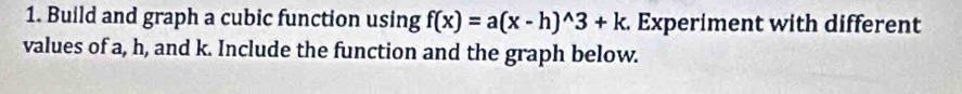 Build and graph a cubic function using f(x)=a(x-h)^wedge 3+k. Experiment with different 
values of a, h, and k. Include the function and the graph below.