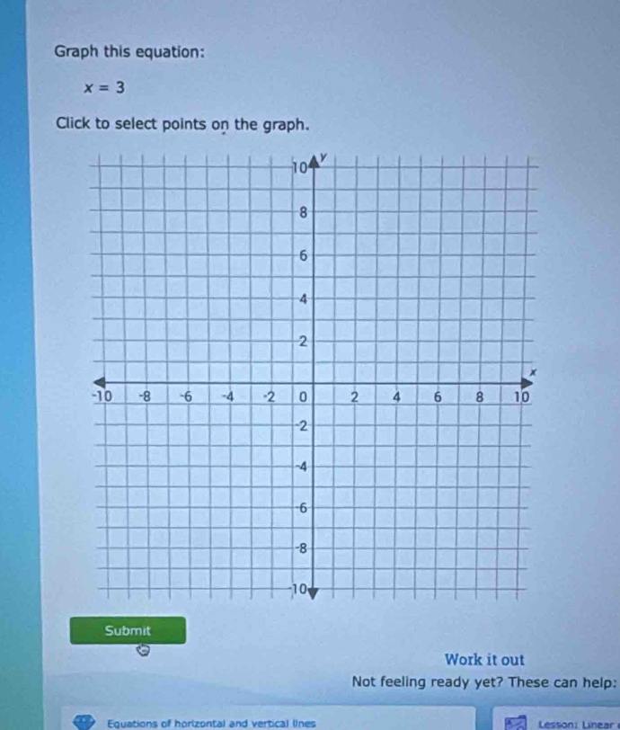 Graph this equation:
x=3
Click to select points on the graph. 
Submit 
Work it out 
Not feeling ready yet? These can help: 
Equations of horizontal and vertical lnes Lesson: Linear