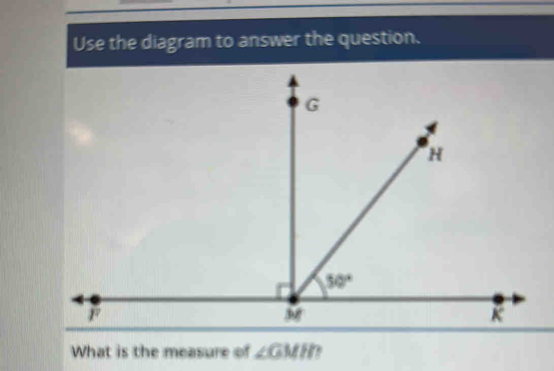 Use the diagram to answer the question.
What is the measure of ∠ GMH