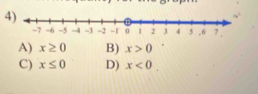 A) x≥ 0 B) x>0
C) x≤ 0 D) x<0</tex>