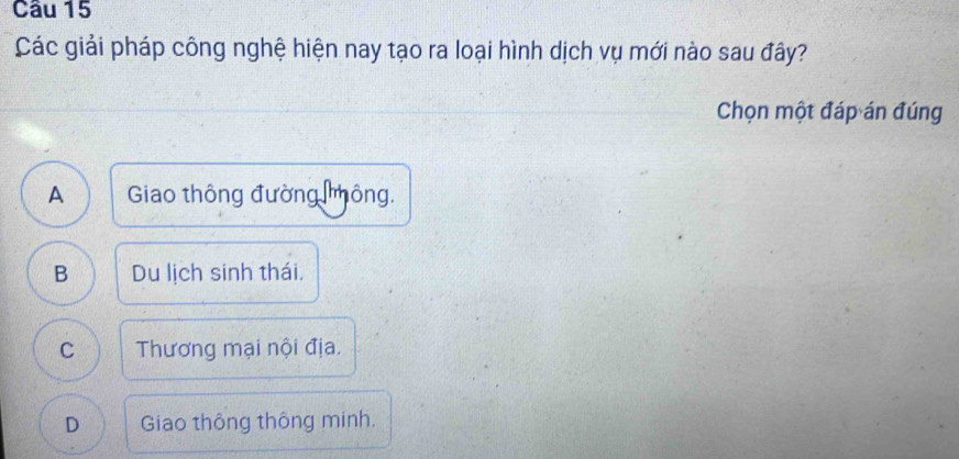 Các giải pháp công nghệ hiện nay tạo ra loại hình dịch vụ mới nào sau đây?
Chọn một đáp án đúng
A Giao thông đường tông,
B Du lịch sinh thái.
C Thương mại nội địa.
D Giao thông thông minh.