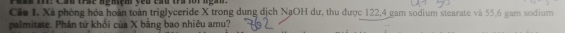 Pass iri: Cầu trac ngnệm vêu cầu tra lor ngan 
Căa 1. Xã phòng hóa hoàn toàn triglyceride X trong dung dịch NaOH dư, thu được 122, 4 gam sodium stearate và 55,6 gam sodium 
palmitate. Phân tử khối của X bằng bao nhiêu amu?