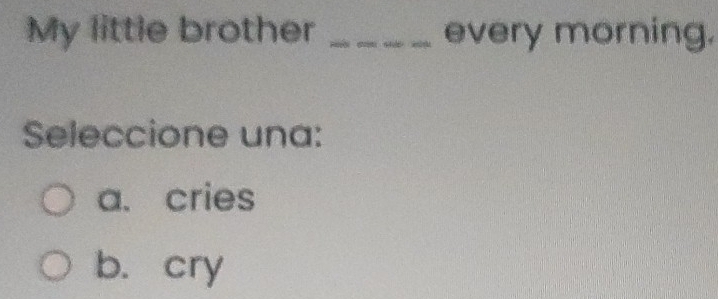 My little brother _every morning.
Seleccione una:
a. cries
b. cry