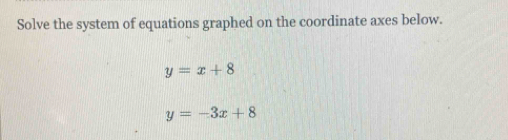 Solve the system of equations graphed on the coordinate axes below.
y=x+8
y=-3x+8