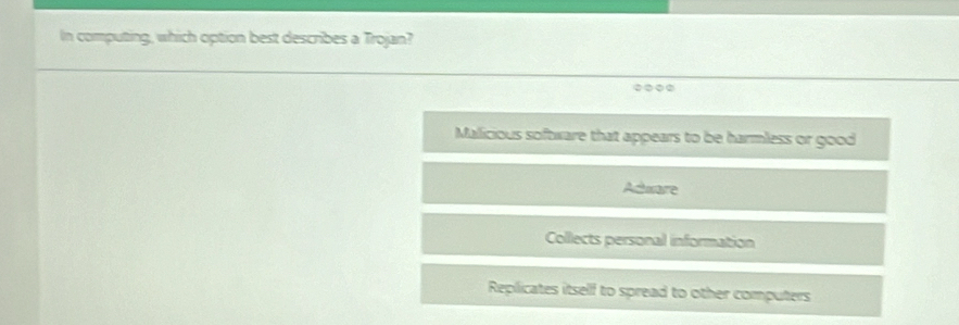 In computing, which option best describes a Trojan?
Malicious software that appears to be harmless or good
Adware
Collects personal information
Replicates itself to spread to other computers