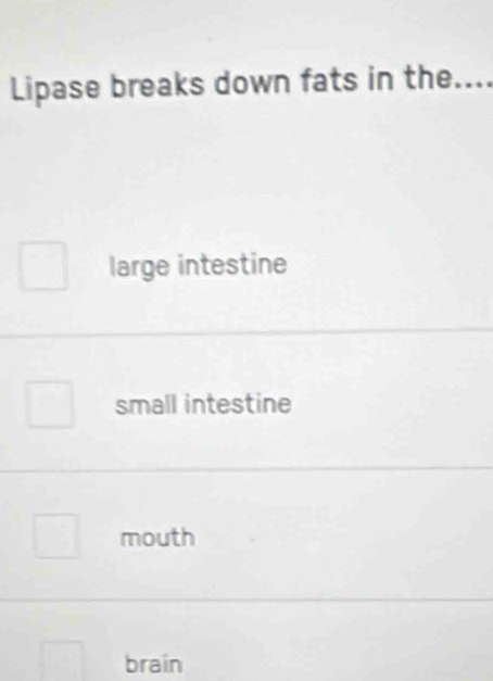 Lipase breaks down fats in the_
large intestine
small intestine
mouth
brain