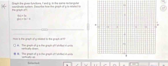 Graph the given functions, f and g, in the same rectangular
coordinate system. Describe how the graph of g is related to
the graph of f
f(x)=3x
g(x)=3x-4
How is the graph of g related to the graph of f?
A. The graph of g is the graph of f shifted 4 units
vertically down
B. The graph of g is the graph of f shifted 4 units
vertically up.
Selected: