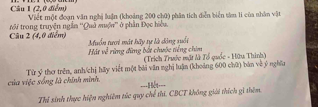 ne i (ºço ucm) 
Câu 1 (2,0 điểm) 
Viết một đoạn văn nghị luận (khoảng 200 chữ) phân tích diễn biến tâm lí của nhân vật 
tôi trong truyện ngắn “Quà muộn” ở phần Đọc hiểu. 
Câu 2 (4,0 điểm) 
Muốn tươi mát hãy tự là dòng suối 
Hát về rừng đừng bắt chước tiếng chim 
(Trích Trước mặt là Tổ quốc - Hữu Thỉnh) 
Từ ý thơ trên, anh/chị hãy viết một bải văn nghị luận (khoảng 600 chữ) bản về ý nghĩa 
của việc sống là chính mình. 
==-Hết=== 
Thí sinh thực hiện nghiêm túc quy chế thi. CBCT không giải thích gì thêm.