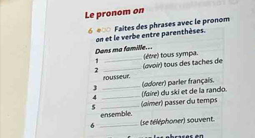 Le pronom on 
6 ●∞ Faites des phrases avec le pronom 
on et le verbe entre parenthèses. 
Dans ma famille... 
1 _(être) tous sympa. 
2 _(avoir) tous des taches de 
rousseur. 
3 _(adorer) parler français. 
4 _(faire) du ski et de la rando. 
5 _(aimer) passer du temps 
ensemble. 
6 _(se téléphoner) souvent. 
e s p braces en