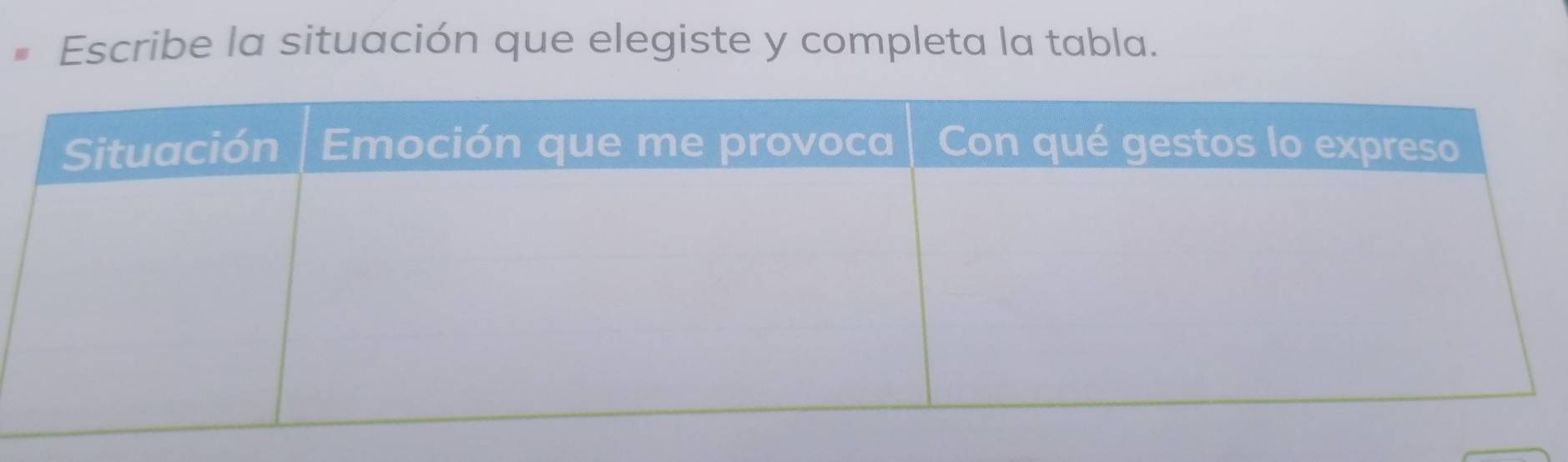 Escribe la situación que elegiste y completa la tabla.