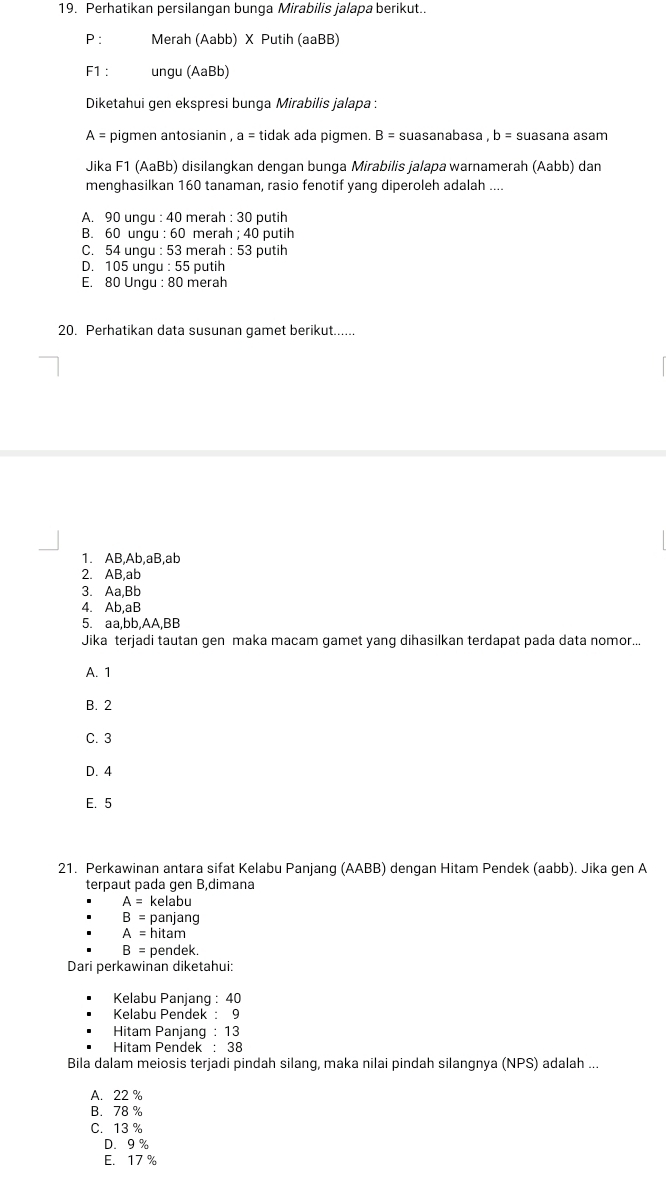 Perhatikan persilangan bunga Mirabilis jalapa berikut..
P : Merah (Aabb) X Putih (aaBB)
F1 : ungu (AaBb)
Diketahui gen ekspresi bunga Mirabilis jalapa :
A= pigmen antosianin , a = tidak ada pigmen. B = suasanabasa , b= suasana asam
Jika F1 (AaBb) disilangkan dengan bunga Mirabilis jalapa warnamerah (Aabb) dan
menghasilkan 160 tanaman, rasio fenotif yang diperoleh adalah ....
A. 90 ungu : 40 merah : 30 putih
B. 60 ungu : 60 merah ; 40 putih
C. 54 ungu : 53 merah : 53 putih
D. 105 ungu : 55 putih
E. 80 Ungu : 80 merah
20. Perhatikan data susunan gamet berikut......
1. AB, Ab, aB, ab
2. AB, ab
3. Aa, Bb
4. Ab, aB
5. aa, bb, AA, BB
Jika terjadi tautan gen maka macam gamet yang dihasilkan terdapat pada data nomor...
A. 1
B. 2
C. 3
D. 4
E. 5
21. Perkawinan antara sifat Kelabu Panjang (AABB) dengan Hitam Pendek (aabb). Jika gen A
terpaut pada gen B,dimana
A= kelabu
B= panjang
A= hitam
B= pendek.
Dari perkawinan diketahui:
Kelabu Panjang : 40
Kelabu Pendek : 9
Hitam Panjang : 13
Hitam Pendek : 38
Bila dalam meiosis terjadi pindah silang, maka nilai pindah silangnya (NPS) adalah ...
A. 22 %
B. 78 %
C. 13 %
D. 9 %
E. 17%