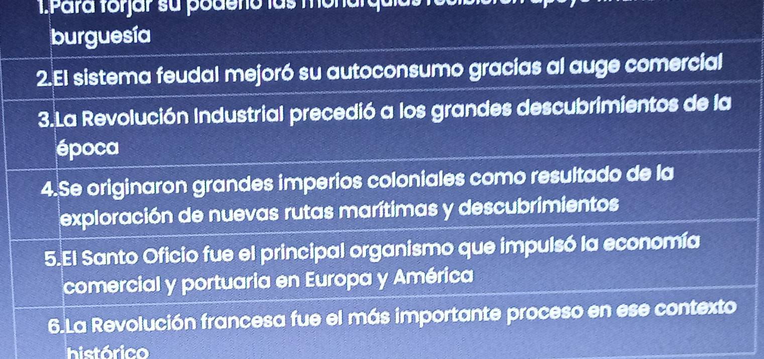 Para forjar su podeno las monal 
burguesía 
2.El sistema feudal mejoró su autoconsumo gracias al auge comercial 
3.La Revolución Industrial precedió a los grandes descubrimientos de la 
época 
4.Se originaron grandes imperios coloniales como resultado de la 
exploración de nuevas rutas marítimas y descubrimientos 
5.El Santo Oficio fue el principal organismo que impulsó la economía 
comercial y portuaria en Europa y América 
6.La Revolución francesa fue el más importante proceso en ese contexto 
histórico