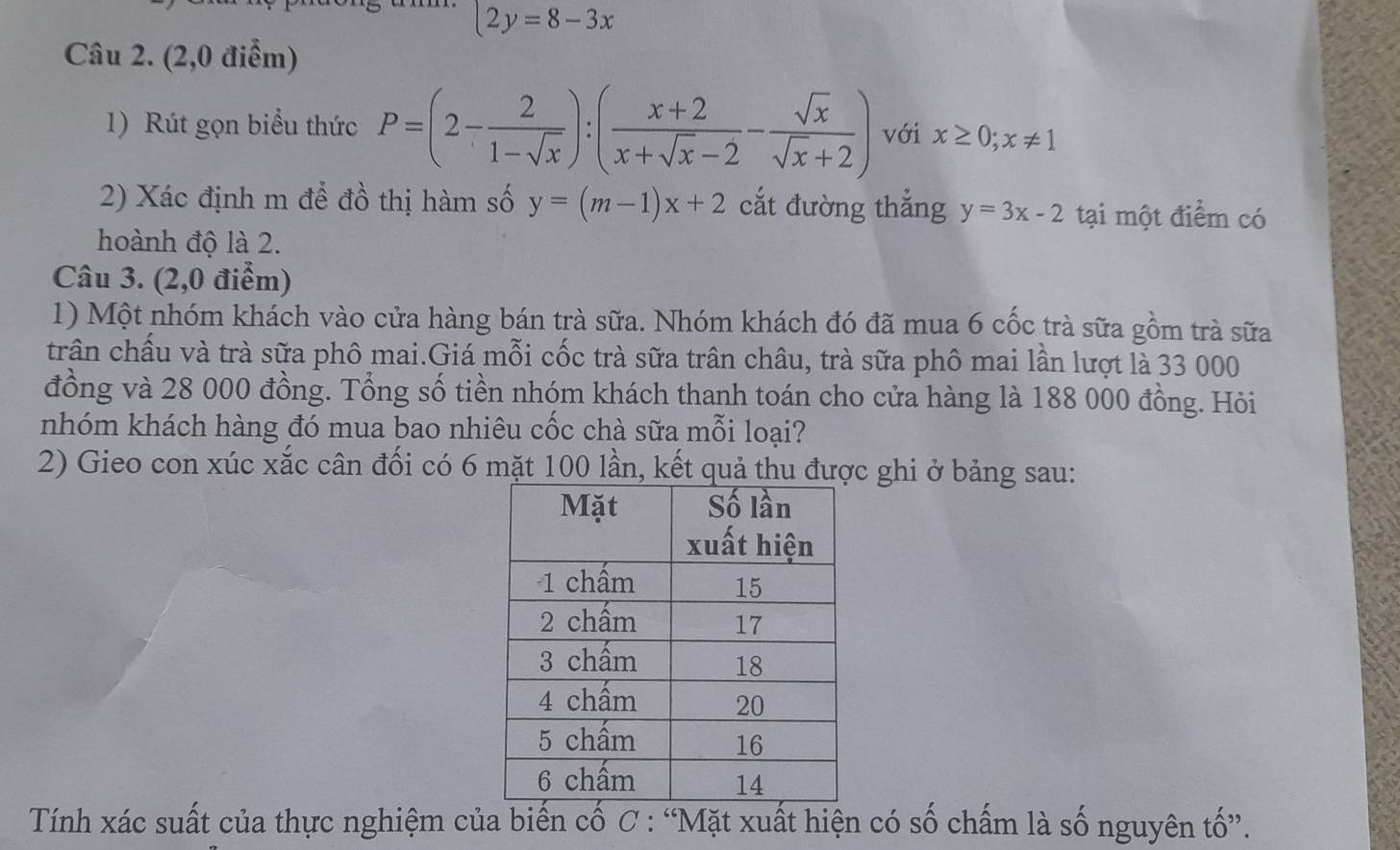 (2y=8-3x
Câu 2. (2,0 điểm) 
1) Rút gọn biểu thức P=(2- 2/1-sqrt(x) ):( (x+2)/x+sqrt(x)-2 - sqrt(x)/sqrt(x)+2 ) với x≥ 0; x!= 1
2) Xác định m để đồ thị hàm số y=(m-1)x+2 cắt đường thẳng y=3x-2 tại một điểm có 
hoành độ là 2. 
Câu 3. (2,0 điểm) 
1) Một nhóm khách vào cửa hàng bán trà sữa. Nhóm khách đó đã mua 6 cốc trà sữa gồm trà sữa 
trần chấu và trà sữa phô mai.Giá mỗi cốc trà sữa trân châu, trà sữa phô mai lần lượt là 33 000
đồng và 28 000 đồng. Tổng số tiền nhóm khách thanh toán cho cửa hàng là 188 000 đồng. Hỏi 
nhóm khách hàng đó mua bao nhiêu cốc chà sữa mỗi loại? 
2) Gieo con xúc xắc cân đối có 6 mặt 100 lần, kết quả thu được ghi ở bảng sau: 
Tính xác suất của thực nghiệm của biến cố C : “Mặt xuất hiện có số chấm là số nguyên tố”.