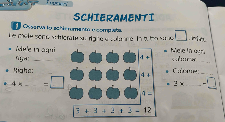 numeri
SCHIERAMENTI
Osserva lo schieramento e completa.
Le mele sono schierate su righe e colonne. In tutto sono _. Infatti:
Mele in ogniMele in ogni
riga:colonna:_
Righe:Colonne:_
4* _ =□
3* _ =□ _