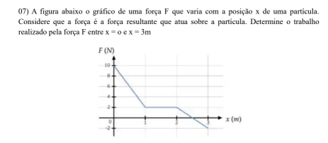 A figura abaixo o gráfico de uma força F que varia com a posição x de uma partícula. 
Considere que a força é a força resultante que atua sobre a partícula. Determine o trabalho 
realizado pela força F entre x=o x=3m
F(N)
10
*
6
4
0 1 2 3 x(m)
-2