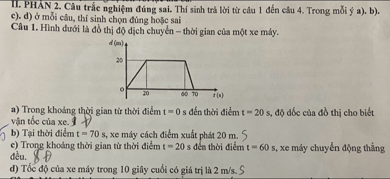 PHAN 2. Câu trắc nghiệm đúng sai. Thí sinh trả lời từ câu 1 đến câu 4. Trong mỗi ý a). b). 
c). d) ở mỗi câu, thí sinh chọn đúng hoặc sai 
Câu 1. Hình dưới là đồ thị độ dịch chuyển - thời gian của một xe máy. 
d (m)
20
o 20 60 70 t(s)
a) Trong khoảng thời gian từ thời điểm t=0 s đến thời điểm t=20s :, độ đốc của đồ thị cho biết 
vận tốc của xe. 
b) Tại thời điểm t=70s , xe máy cách điểm xuất phát 20 m. 
c) Trong khoảng thời gian từ thời điểm t=20 s đến thời điểm t=60 s , xe máy chuyển động thẳng 
đều. 
d) Tốc độ của xe máy trong 10 giây cuối có giá trị là 2 m/s.