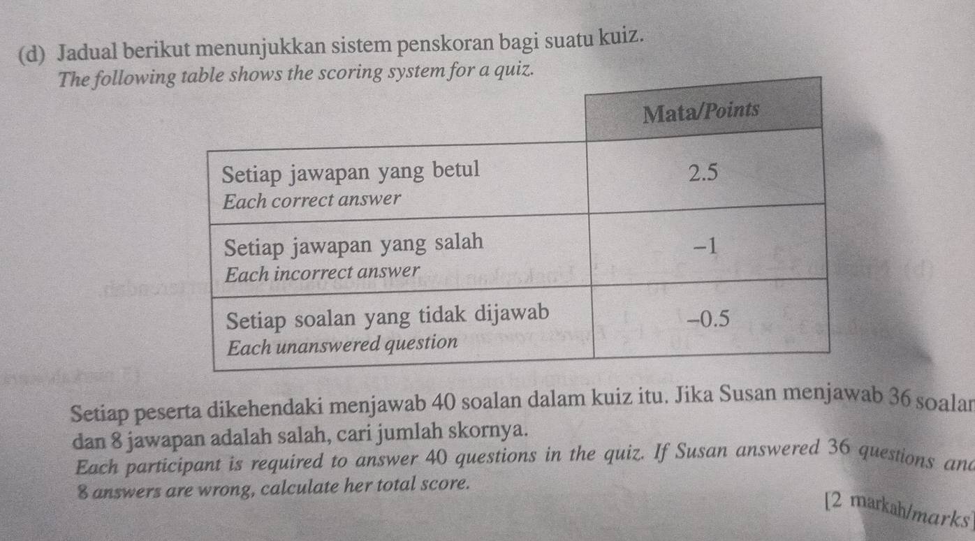 Jadual berikut menunjukkan sistem penskoran bagi suatu kuiz. 
The followi 
Setiap peserta dikehendaki menjawab 40 soalan dalam kuiz itu. Jika Susan menjawab 36 soalan 
dan 8 jawapan adalah salah, cari jumlah skornya. 
Each participant is required to answer 40 questions in the quiz. If Susan answered 36 questions an 
8 answers are wrong, calculate her total score. 
[2 markah/mɑrks