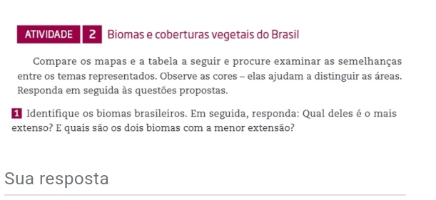 ATIVIDADE 2 Biomas e coberturas vegetais do Brasil 
Compare os mapas e a tabela a seguir e procure examinar as semelhanças 
entre os temas representados. Observe as cores - elas ajudam a distinguir as áreas. 
Responda em seguida às questões propostas. 
* Identifique os biomas brasileiros. Em seguida, responda: Qual delesé o mais 
extenso? E quais são os dois biomas com a menor extensão? 
Sua resposta