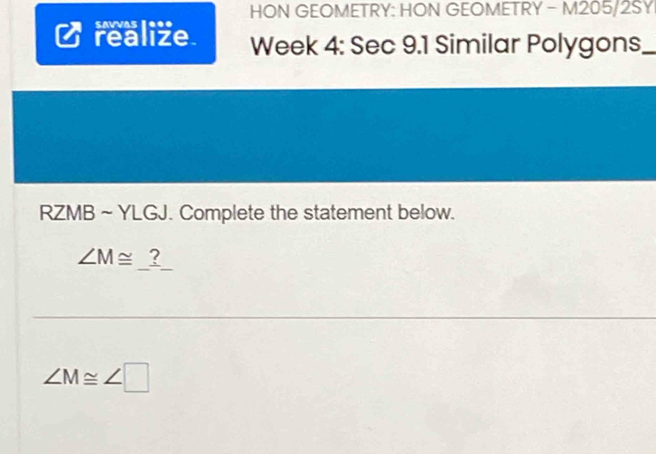 HON GEOMETRY: HON GEOMETRY - M205/2SY 
savvas 1*** 
realize. Week 4: Sec 9.1 Similar Polygons_ 
RZMB ~ YLGJ. Complete the statement below.
∠ M≌ ?
∠ M≌ ∠ □