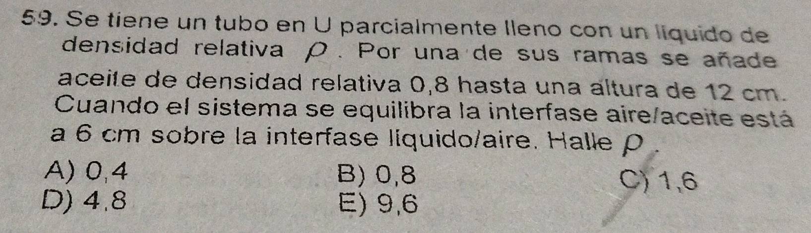 Se tiene un tubo en U parcialmente lleno con un líquido de
densidad relativa ρ. Por una de sus ramas se añade
aceite de densidad relativa 0,8 hasta una áltura de 12 cm.
Cuando el sistema se equilibra la interfase aire/aceite está
a 6 cm sobre la interfase líquido/aire. Halle P
A) 0,4 B) 0,8 C) 1,6
D) 4.8 E) 9,6