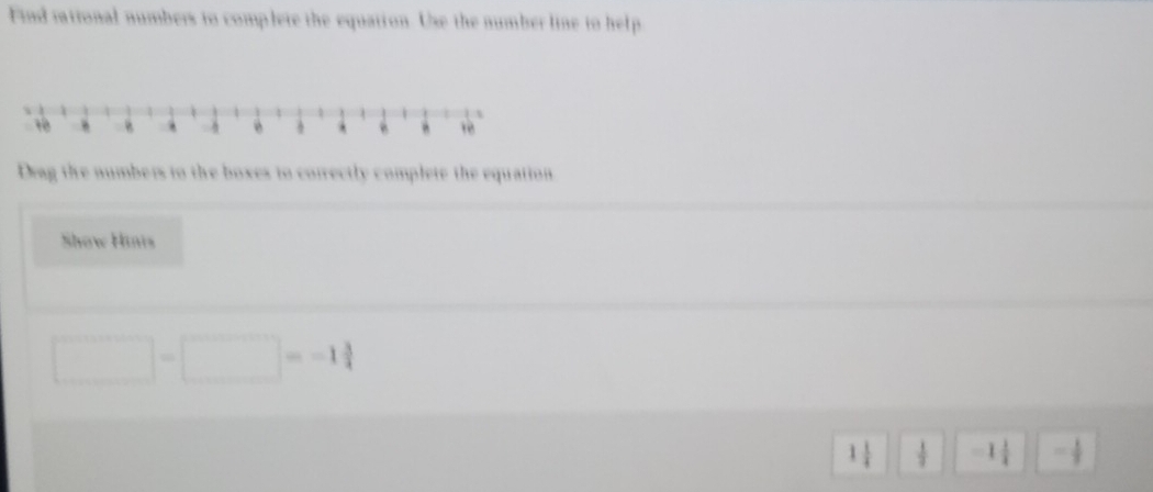 Find rational numbers to complete the equation. Use the number line to help 
Drag the numbers to the boxes to correctly complete the equation 
Show Hinis
□ -□ =-1 3/4 
_1 1