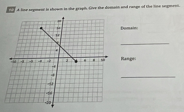 A line segment is shown in the graph. Give the domain and range of the line segment. 
Domain: 
_ 
Range: 
_