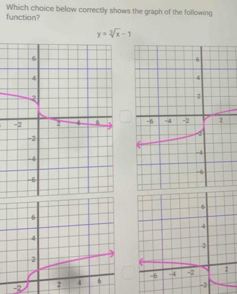 Which choice below correctly shows the graph of the following 
function?
y=sqrt[3](x)-1
2