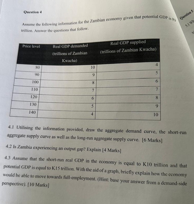 Assume the following information for the Zambian economy given that potential GDP is R9
Question 5
5.1 Wł
trillion. Answer the questions that follow.
V
4.1 Utilising the information provided, draw the aggregate demand curve, the short-run
aggregate supply curve as well as the long-run aggregate supply curve. [6 Marks]
4.2 Is Zambia experiencing an output gap? Explain [4 Marks]
4.3 Assume that the short-run real GDP in the economy is equal to K10 trillion and that
potential GDP is equal to K15 trillion. With the aid of a graph, briefly explain how the economy
would be able to move towards full-employment. (Hint: base your answer from a demand-side
perspective). [10 Marks]