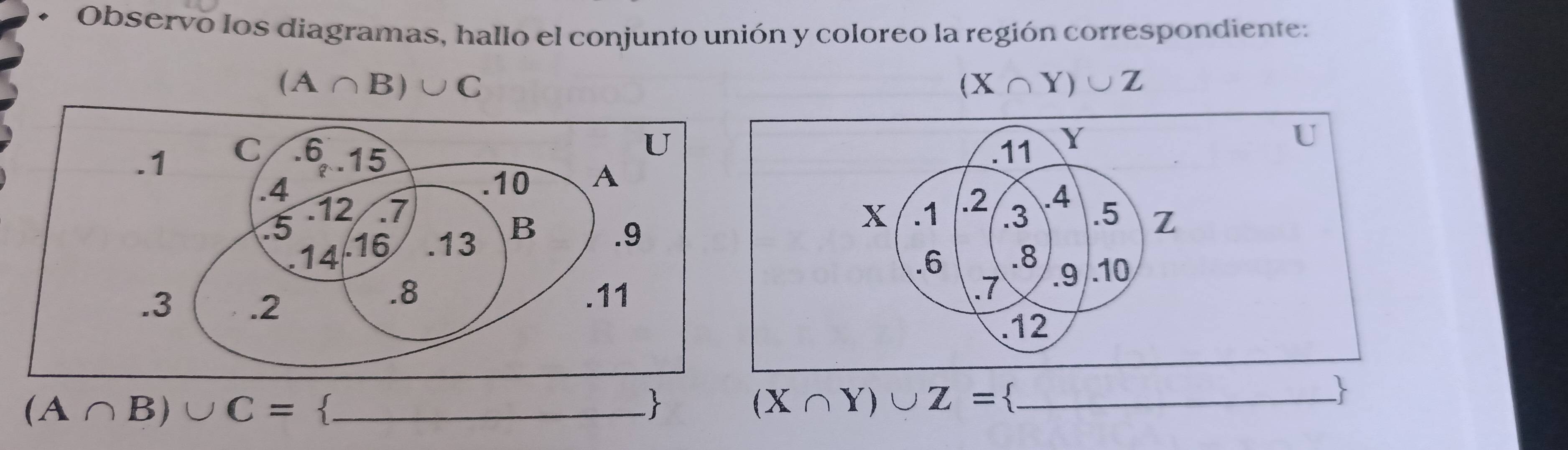 Observo los diagramas, hallo el conjunto unión y coloreo la región correspondiente:
(A∩ B)∪ C
(X∩ Y)∪ Z
(A∩ B)∪ C= C_ 

_ (X∩ Y)∪ Z=