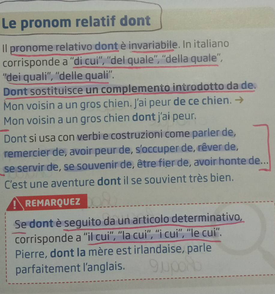 Le pronom relatif dont 
Il pronome relativo dont è invariabile. In italiano 
corrisponde a ''di cui'', ''del quale'', ''della quale'', 
''dei quali'', ''delle quali''. 
Dont sostituisce un complemento introdotto da de. 
Mon voisin a un gros chien. J’ai peur de ce chien. 
Mon voisin a un gros chien dont j’ai peur. 
Dont si usa con verbi e costruzioni come parler de, 
remercier de, avoir peur de, s'occuper de, rêver de, 
se servir de, se souvenir de, être fier de, avoir honte de... 
C'est une aventure dont il se souvient très bien. 
!REMARQUEZ 
Se dont è seguito da un articolo determinativo, 
corrisponde a ''il cui', ''la cui'', “'i cui'', ''le cui''. 
Pierre, dont la mère est irlandaise, parle 
parfaitement l’anglais.