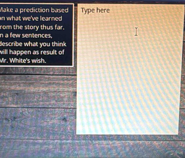 Make a prediction based Type here 
on what we've learned 
rom the story thus far. 
n a few sentences, 
describe what you think 
will happen as result of 
Mr. White's wish.