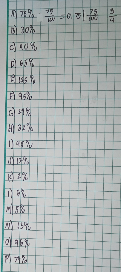 A 75%  75/w =0.75/ 75/100   3/4 
B) 30%
c90%
1659 
= 125%
95%
0299
82% 0
1489
071390
2%
①) 8%
M15%
113% 6
0969
P79% 0