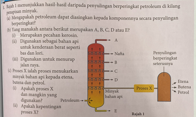 Rajah 1 menunjukkan hasil-hasil daripada penyulingan berperingkat petroleum di kilang 
penapisan minyak. 
(a) Mengapakah petroleum dapat diasingkan kepada komponennya secara penyulingan 
berperingkat? 
(b) Yang manakah antara berikut merupakan A, B, C, D atau E? 
(i) Merupakan pecah 
(ii) Digunakan sebaga 
untuk kenderaan 
bas dan lori. 
(iii) Digunakan untuk 
jalan raya. 
(c) Proses X ialah proses m
minyak bahan api kepa 
butena dan petrol. 
(i) Apakah proses X
dan mangkin yang 
digunakan? 
(ii) Apakah kepenting 
proses X? Rajah 1