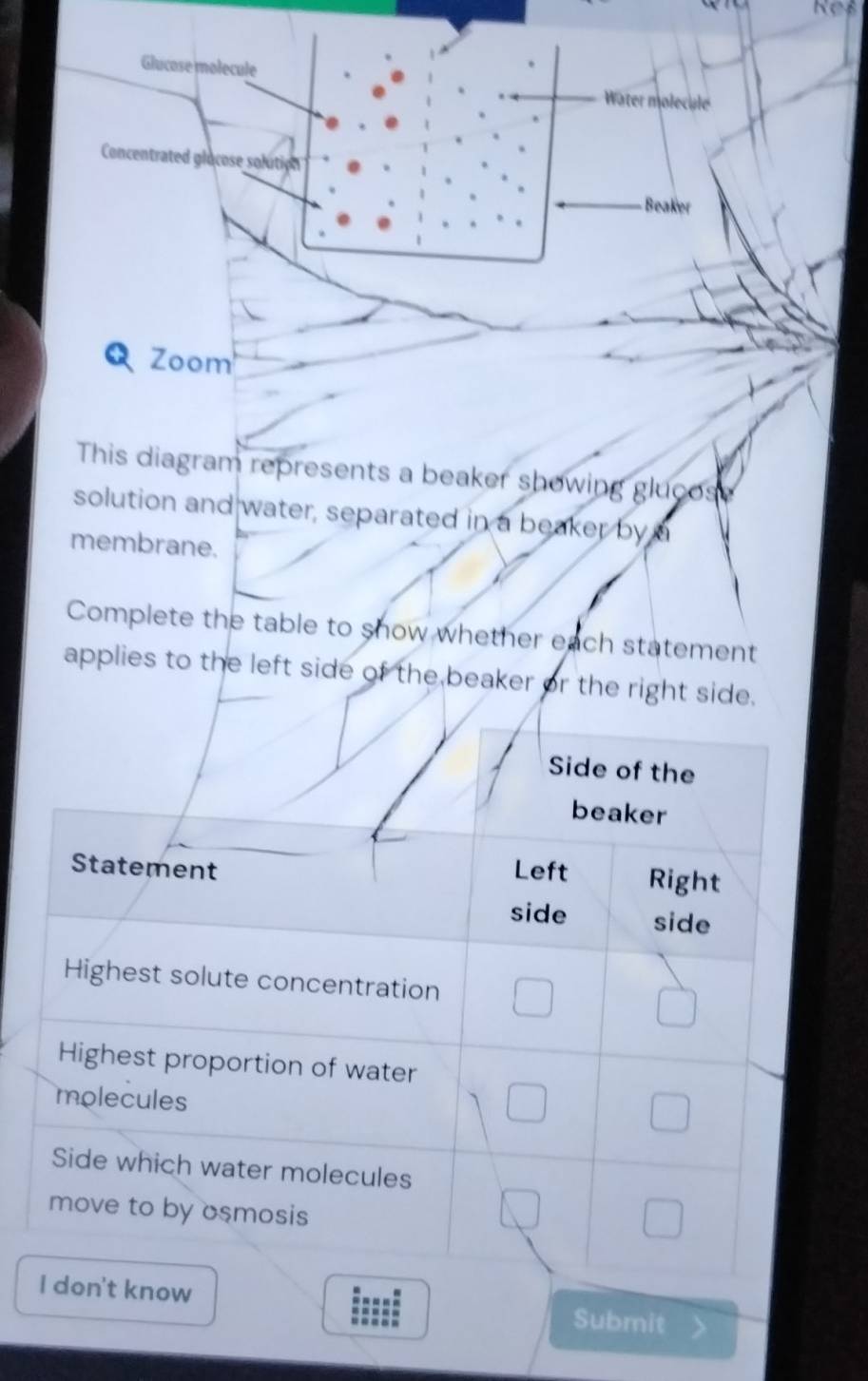 Res 
Glucose molecule 
Water molecule 
Concentrated glocose solution 
Beaker 
Zoom 
This diagram represents a beaker showing glucose 
solution and water, separated in a beaker by a 
membrane. 
Complete the table to show whether each statement 
applies to the left side 
Submit