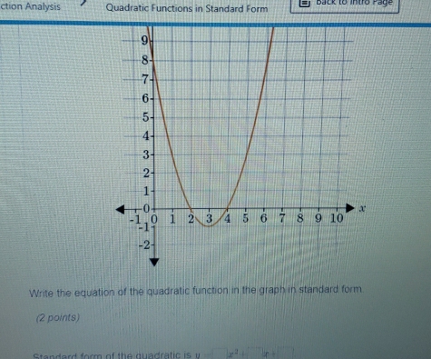 ction Analysis Quadratic Functions in Standard Form Back to intro Page 
Write the equation of the quadratic function in the graph in standard form 
(2 points) 
Standard form of the quadratic is y=□ x^2+□ x+□