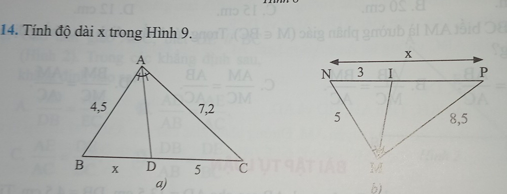 Tính độ dài x trong Hình 9. 
b)