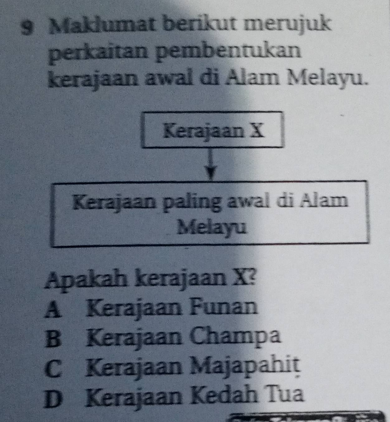 Maklumat berikut merujuk
perkaitan pembentukan
kerajaan awal di Alam Melayu.
Kerajaan X
Kerajaan paling awal di Alam
Melayu
Apakah kerajaan X?
A Kerajaan Funan
B Kerajaan Champa
C Kerajaan Majapahit
D Kerajaan Kedah Tua