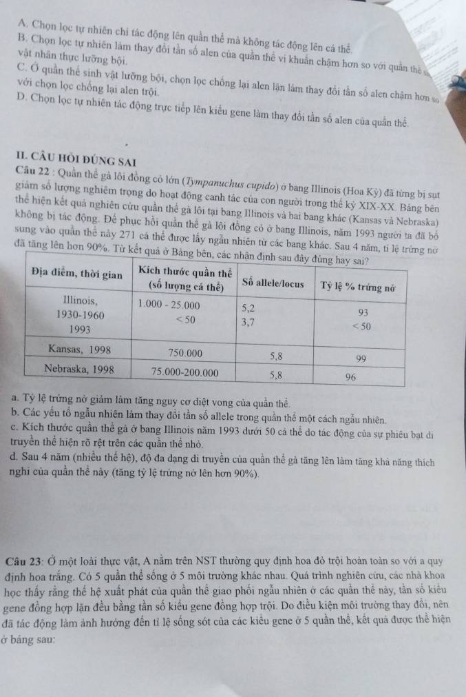 A. Chọn lọc tự nhiên chi tác động lên quần thể mà không tác động lên cá thể.
B. Chọn lọc tự nhiên làm thay đổi tần số alen của quần thể vi khuẩn chậm hơn so với quần thể
vật nhân thực lưỡng bội.
C. Ở quần thể sinh vật lưỡng bội, chọn lọc chống lại alen lặn làm thay đổi tần số alen chậm hơn số
với chọn lọc chống lại alen trội.
D. Chọn lọc tự nhiên tác động trực tiếp lên kiểu gene làm thay đổi tần số alen của quần thể.
II. CÂU hỏi đúnG sAi
Câu 22 : Quần thể gà lôi đồng cỏ lớn (Tympanuchus cupido) ở bang Illinois (Hoa Kỳ) đã từng bị sụt
giám số lượng nghiêm trọng do hoạt động canh tác của con người trong thế kỷ XIX-XX. Bảng bên
thể hiện kết quả nghiên cứu quần thể gà lõi tại bang Illinois và hai bang khác (Kansas và Nebraska)
không bị tác động. Để phục hồi quần thể gả lôi đồng có ở bang Illinois, năm 1993 người ta đã bố
sung vào quần thể này 271 cá thể được lấy ngẫu nhiên từ các bang khác. Sau 4 năm, tỉ lệ trứng nơ
đã tăng lên hơn 90%. Từ kết quả
a. Tỷ lệ trứng nở giảm làm tăng nguy cơ diệt vong của quần thể.
b. Các yếu tổ ngẫu nhiên làm thay đổi tằn số allele trong quần thể một cách ngẫu nhiên.
c. Kích thước quần thể gả ở bang Illinois năm 1993 dưới 50 cá thể do tác động của sự phiêu bạt di
truyền thể hiện rõ rệt trên các quần thể nhỏ.
d. Sau 4 năm (nhiều thể hệ), độ đa dạng di truyền của quần thể gả tăng lên làm tăng khả năng thích
nghi của quần thể này (tăng tỷ lệ trứng nở lên hơn 90%).
Câu 23: Ở một loài thực vật, A năm trên NST thường quy định hoa đỏ trội hoàn toàn so với a quy
định hoa trắng. Có 5 quần thể sống ở 5 môi trường khác nhau. Quá trình nghiên cứu, các nhà khoa
học thấy rằng thế hệ xuất phát của quần thể giao phối ngẫu nhiên ở các quần thể này, tần số kiểu
gene đồng hợp lặn đều bằng tần số kiểu gene đồng hợp trội. Do điều kiện môi trường thay đổi, nên
đã tác động làm ảnh hưởng đến tỉ lệ sống sót của các kiểu gene ở 5 quần thể, kết quả được thể hiện
ở bảng sau: