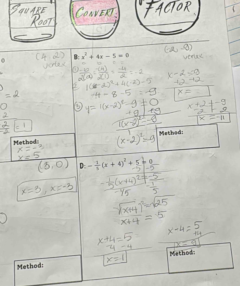 0
B: x^2+4x-5=0
Method: Method:
D: - 1/5 (x+4)^2+5=0