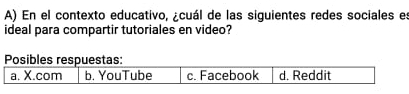 En el contexto educativo, ¿cuál de las siguientes redes sociales es 
ideal para compartir tutoriales en video?