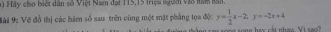 Hãy cho biệt dân số Việt Nam đạt 115, 15 triệu người vào năm nao. 
Bài 9: Vẽ đồ thị các hàm số sau trên cùng một mặt phẳng tọa độ: y= 1/2 x-2; y=-2x+4
áng sau song song hay cất nhau. Vì sao?