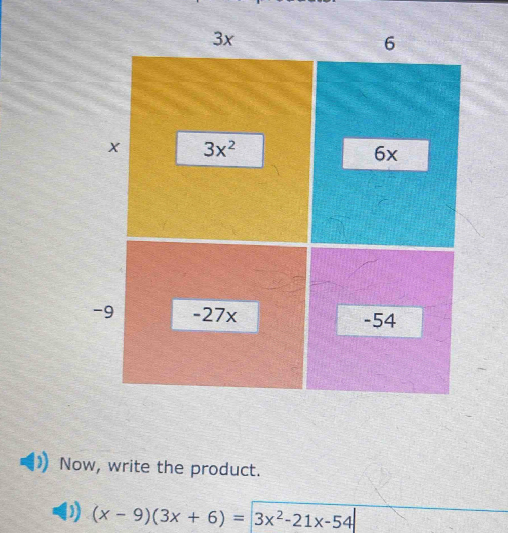 Now, write the product.
(x-9)(3x+6)= 3x^2-21x-54