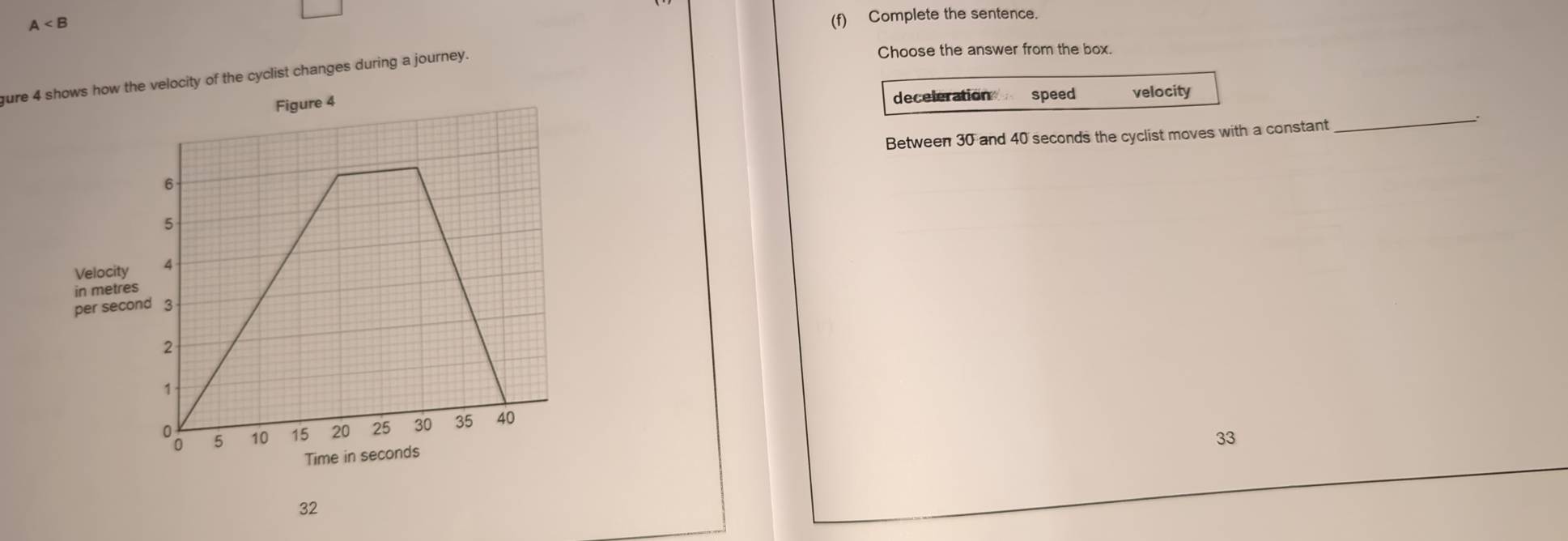 A
(f) Complete the sentence.
gure 4he cyclist changes during a journey.
Choose the answer from the box.
_
deceleration speed velocity
Between 30 and 40 seconds the cyclist moves with a constant
33
32