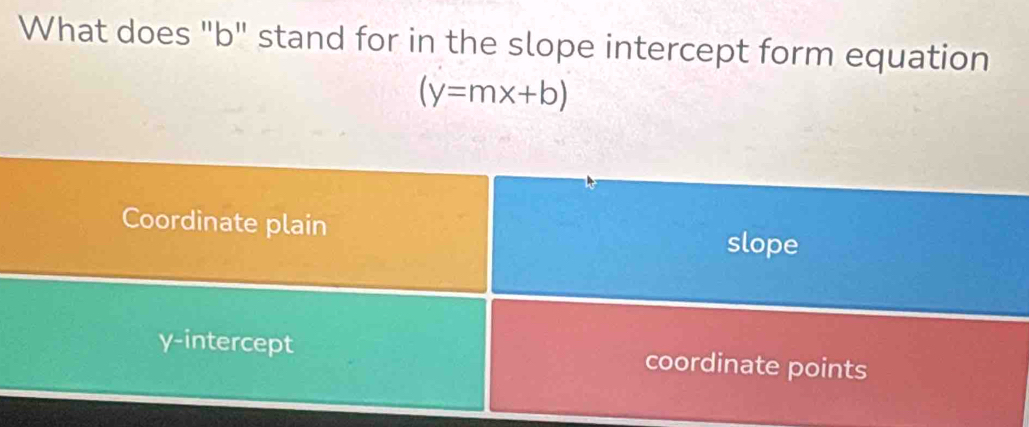 What does "b" stand for in the slope intercept form equation
(y=mx+b)
Coordinate plain
slope
γ -intercept coordinate points