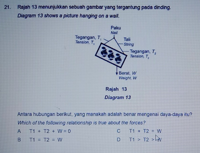 Rajah 13 menunjukkan sebuah gambar yang tergantung pada dinding.
Diagram 13 shows a picture hanging on a wall.
Rajah 13
Diagram 13
Antara hubungan berikut, yang manakah adalah benar mengenai daya-daya itu?
Which of the following relationship is true about the forces?
A T1+T2+W=0
C T1+T2=W
B T1=T2=W
D T1>T2>W